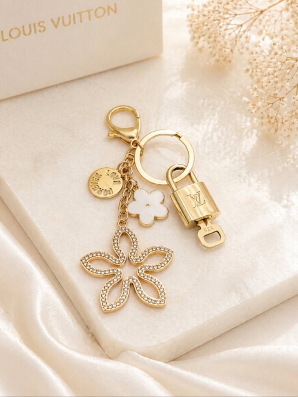 Louis Vuitton Authentic Gold Padlock 🔑 Key + Stylish Unbranded Clover Bag Charm